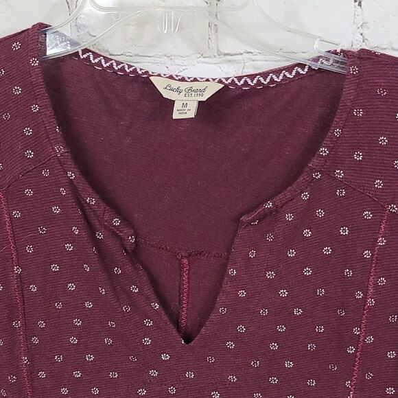 Lucky Brand Burgundy Print Ruched Sleeve Thermal Tee Linen Knit Shirt Medium Top - Picture 4 of 13